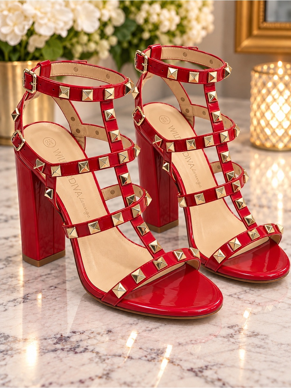Red Studded Block Heel Sandals